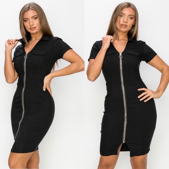 🆕Zip up dress with collar in black - Picture 1 of 4